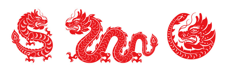 Chinese New Year 2024, red Dragon silhouette, horoscope character, simple hand-drawn Asian greeting card and tattoo design element. Paper cut asian animal, lunar calendar zodiac CNY symbol