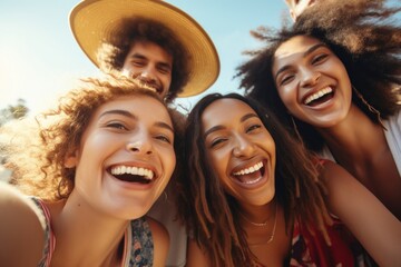 Fototapeta premium A group of young women captured in a moment of joy, smiling and laughing. Perfect for illustrating friendship, happiness, and togetherness in various projects