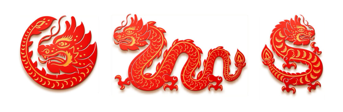 Chinese New Year 2024, paper cut asian animal, lunar calendar zodiac CNY symbol vector illustration. Red dragon lunar horoscope character, tattoo design element, spring festival decoration