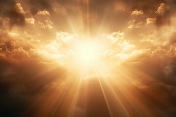 Naklejka na ściany i meble Sun shining brightly through clouds. Can be used to depict hope, positivity, or a new beginning