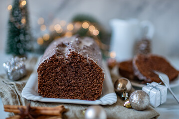 Christmas gingerbread cake covered with chocolate