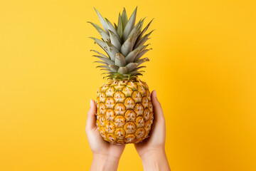 Hand holding a pineapple, showcasing the tropical allure, prickly exterior, and vibrant freshness of this delicious and nutritious fruit. - obrazy, fototapety, plakaty