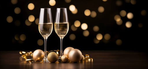Elegant champagne glasses with golden christmas ornaments