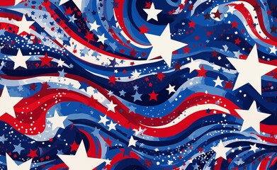 Modern American pattern design, blending iconic symbols like stars, stripes, and cityscapes