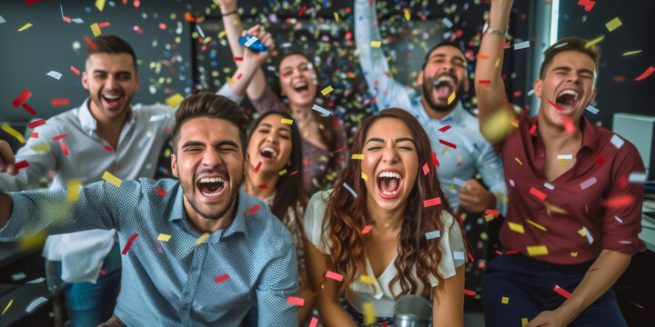 Joyful diverse group of friends or colleagues celebrating with confetti, cheering and laughing together in a festive atmosphere at a party or successful corporate event