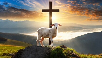 resurrection of jesus christ concept god lamb in front of the cross of jesus christ on sunrise background generative ai