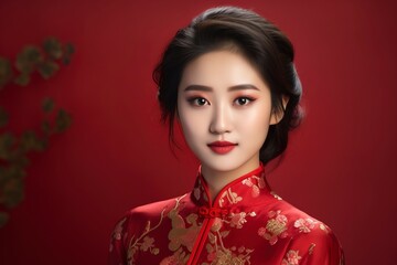 Young asian beauty woman wearing cheongsam, one color background, copy space. generative ai