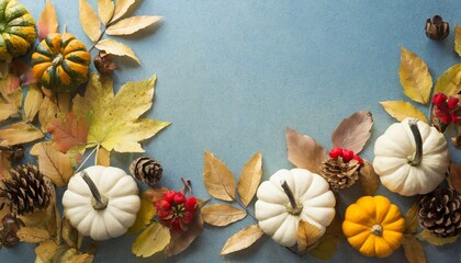 thanksgiving or fall greeting background with pumpkins and fall