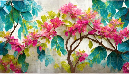 elegant colorful tree with vibrant leaves hanging branches bright color 3d abstraction wallpaper for interior mural painting wall