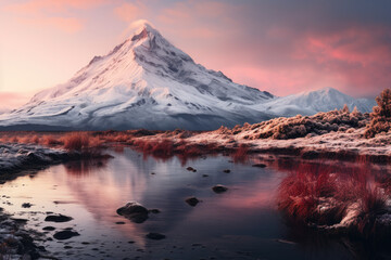 Fototapeta na wymiar Volcanic Winter Wonderland with Snow-Capped Peaks