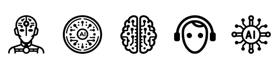 set of artificial intelligence icons in linear style, robot training, ai chip, brain with neural networks. Vector illustration