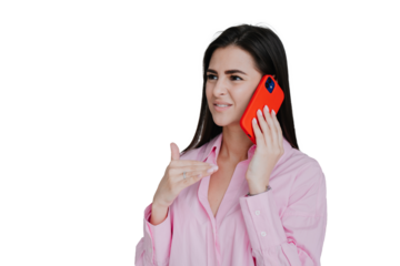 Irritated young brunette talks by phone looks aside  against transparent background with copy space for ad, mockup. Annoyed American girl unhappy by conversation, want quit call. Sincere emotions.