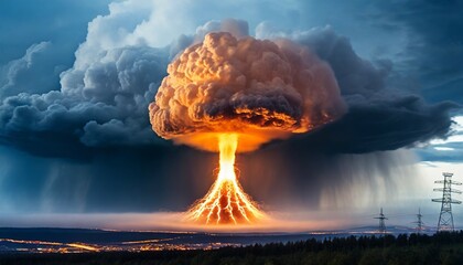 nuclear explosion day or night stormy sky shock wave against the background of a nuclear fungus in the process of releasing thermal and radiant energy as a result of an uncontrolled nuclear fission - obrazy, fototapety, plakaty