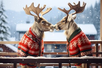 Two gay reindeer wearing xmas sweaters kissing each other on the balcony. Snowy mountain background.