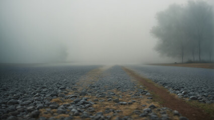 Foggy Mist Settling on Gravel Ground with Blurred Haze.