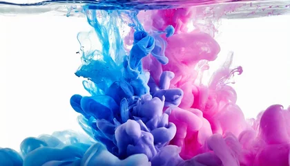 Poster splash of blue and pink paints in water over white background © Nichole