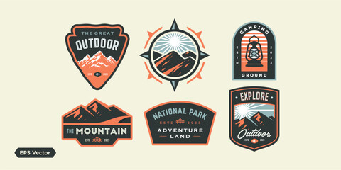 adventure outdoor badge logos. Set of Vintage mountains landscape illustration Camp Logo Patches. vector emblem designs. Great for shirts, stamps, stickers logos and labels.