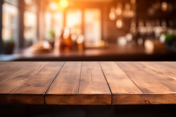 Wooden table on blurred kitchen