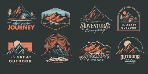 adventure outdoor badge logos. Set of Vintage mountains landscape illustration Camp Logo Patches. vector emblem designs. Great for shirts, stamps, stickers logos and labels. - obrazy, fototapety, plakaty