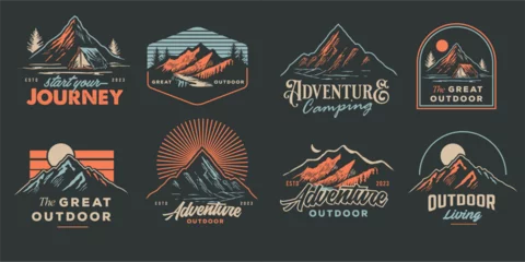Foto op Plexiglas adventure outdoor badge logos. Set of Vintage mountains landscape illustration Camp Logo Patches. vector emblem designs. Great for shirts, stamps, stickers logos and labels. © Ramosh Artworks