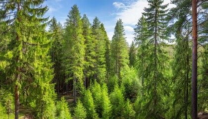 healthy green trees in a forest of old spruce fir and pine - obrazy, fototapety, plakaty