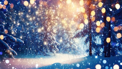 Fototapeta na wymiar beautiful snowy forest and abstract shiny light background