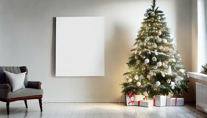 minimalistic light christmas interior with a white blank empty wall and a decorated christmas tree on the side creative banner greeting card happy new year mockup