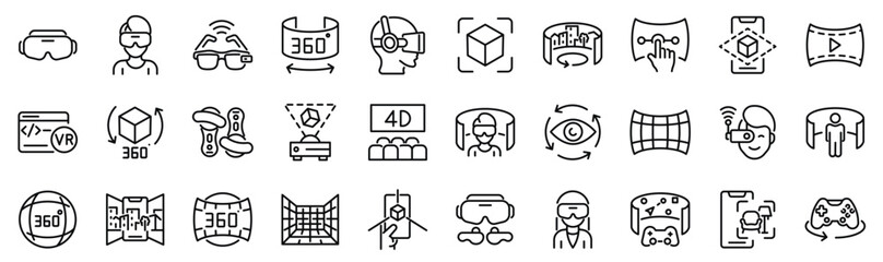 Set of 30 outline icons related to virtual reality, augmented reality. Linear icon collection. Editable stroke. Vector illustration