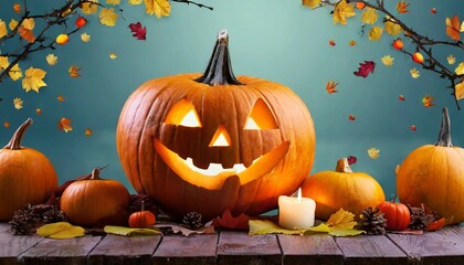 carved halloween jack o lantern pumpkin on background
