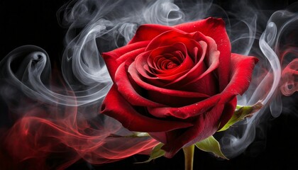 red rose wrapped in smoke swirl on black background