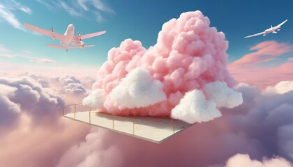 3d rendering of storybook magic cotton candy clouds sugar cotton pink clouds vector design background glamour fairytale backdrop plane sky view with generative ai