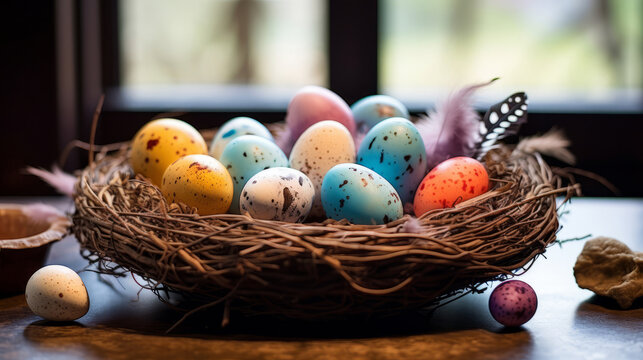 colorful easter eggs in a nest on the table