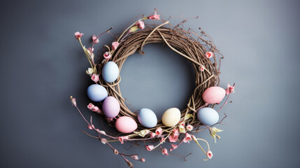 top view of spring easter composition with pastel easter eggs laying on a wicker wreath on a light blue background - Powered by Adobe