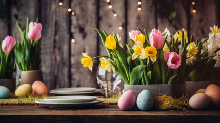 rustic table setting with white plates, spring flowers and easter eggs on a wooden background