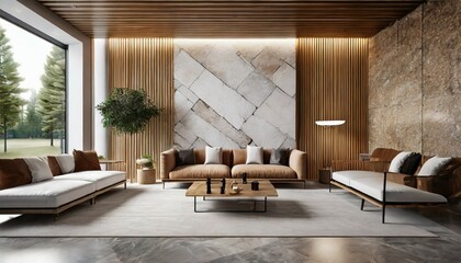contemporary style interior with sofas decorations and a wall panel made of wood and stone mockup for an illustration generative ai - obrazy, fototapety, plakaty