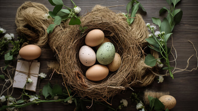 top view of easter eggs in the nest on a wooden table surrounded by greenery