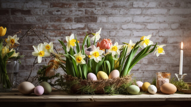 still life composition with easter eggs and daffodils on a wooden table and brick wall background
