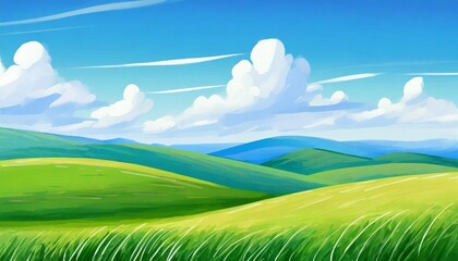 summer fields hills landscape green grass blue sky with clouds flat style cartoon painting...