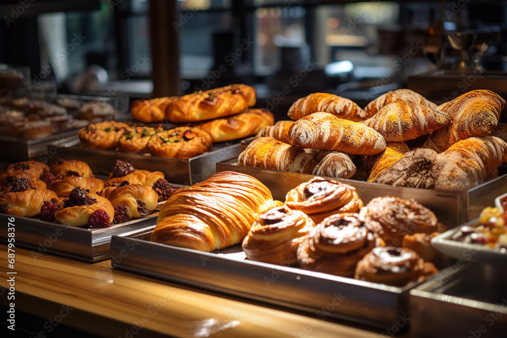 Sticker  A tempting array of fresh pastries on display at an artisanal bakery, showcasing culinary artistry and a variety of sweet treats.
