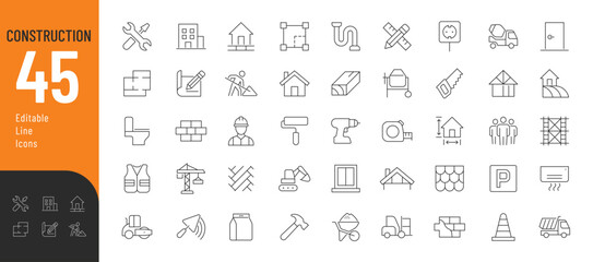Construction Line Editable Icons set. Vector illustration in modern thin line style of renovation related  icons: construction equipment and tools, stages of construction and finishing. - obrazy, fototapety, plakaty