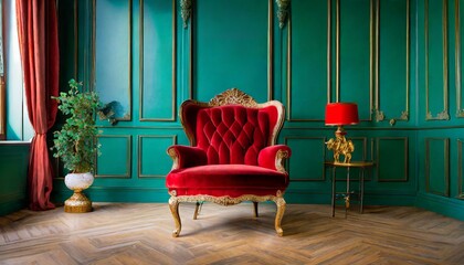 beautiful luxury classic velvet red clean interior room in classic style with velvet red soft armchair vintage antique velvet chair standing beside emerald wall minimalist home design high quality - obrazy, fototapety, plakaty