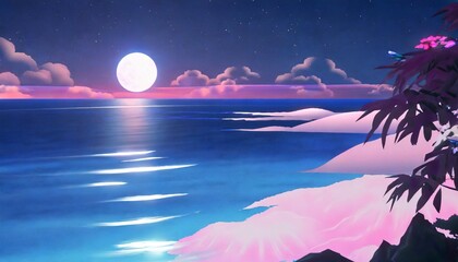 japanese anime style blue and pink sea at night 3d rendering picture
