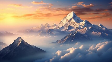 Himalayan mountain top above the clouds. Mountains seem so close, offering epic views of the legendary peaks of Dhaulagiri and Machapuchare.  - obrazy, fototapety, plakaty