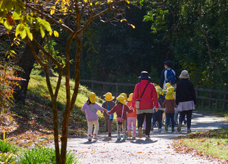 秋の公園で散歩している保育園の園児と先生の姿