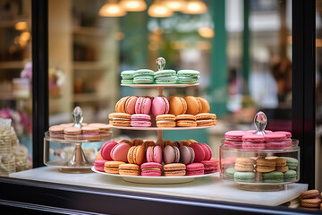  A patisserie window filled with colorful macarons , showcasing the elegance of French delicacies and sweet selection. 