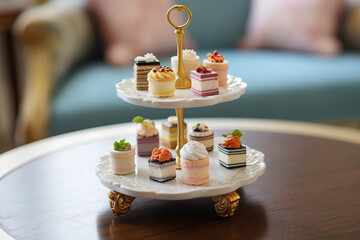  Petite fours elegantly arranged on a high tea stand, offering a selection of dainty and luxurious miniature cakes for afternoon tea.
