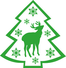 Green tree with deer and snowflakes. Illustration is a green Christmas tree with green patterns. Illustration of a Christmas tree with a green deer and green snowflakes on a white background. New Year