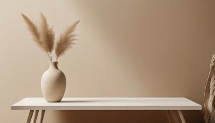 boho beige copy space background monochrome minimalist empty table with vase wall scene mockup product for showcase promotion background