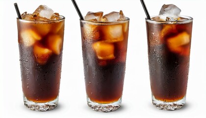 cold brown drink in tall tall glass with water droplets closeup cold brew iced americano coffee with ice cubes no straw side view clipping path on white background - obrazy, fototapety, plakaty
