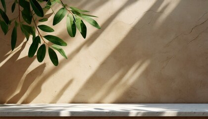 minimal empty white marble stone counter table top green tree in sunlight leaf shadow on beige brown stucco cement wall for luxury organic cosmetic skincare beauty treatment product background 3d